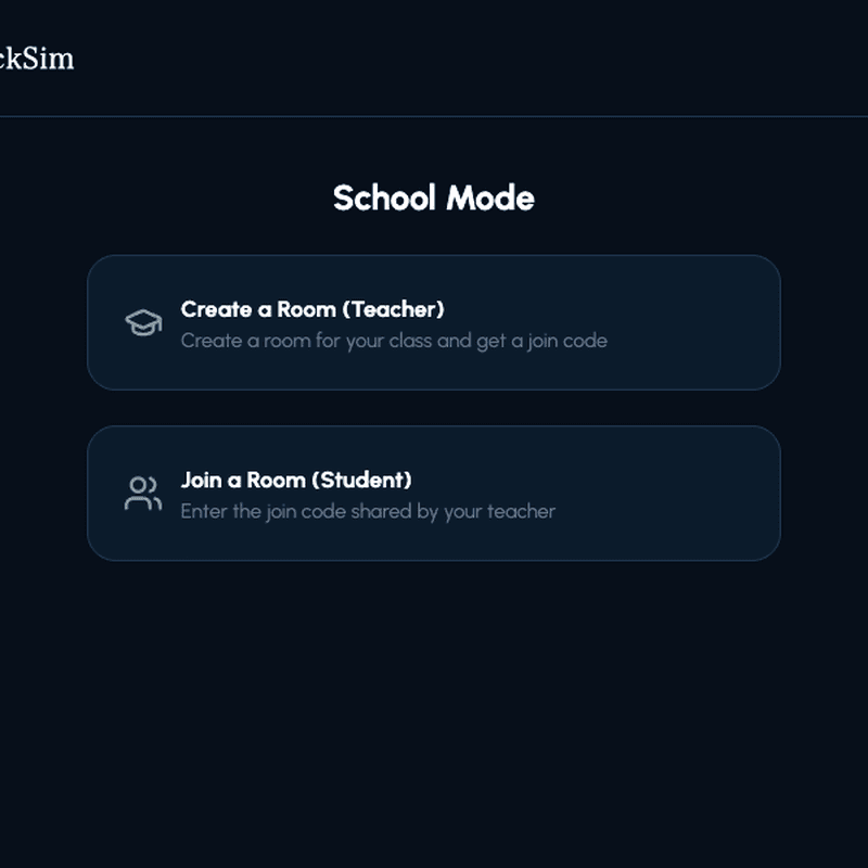 Moshimo StockSim School Mode entry screen
