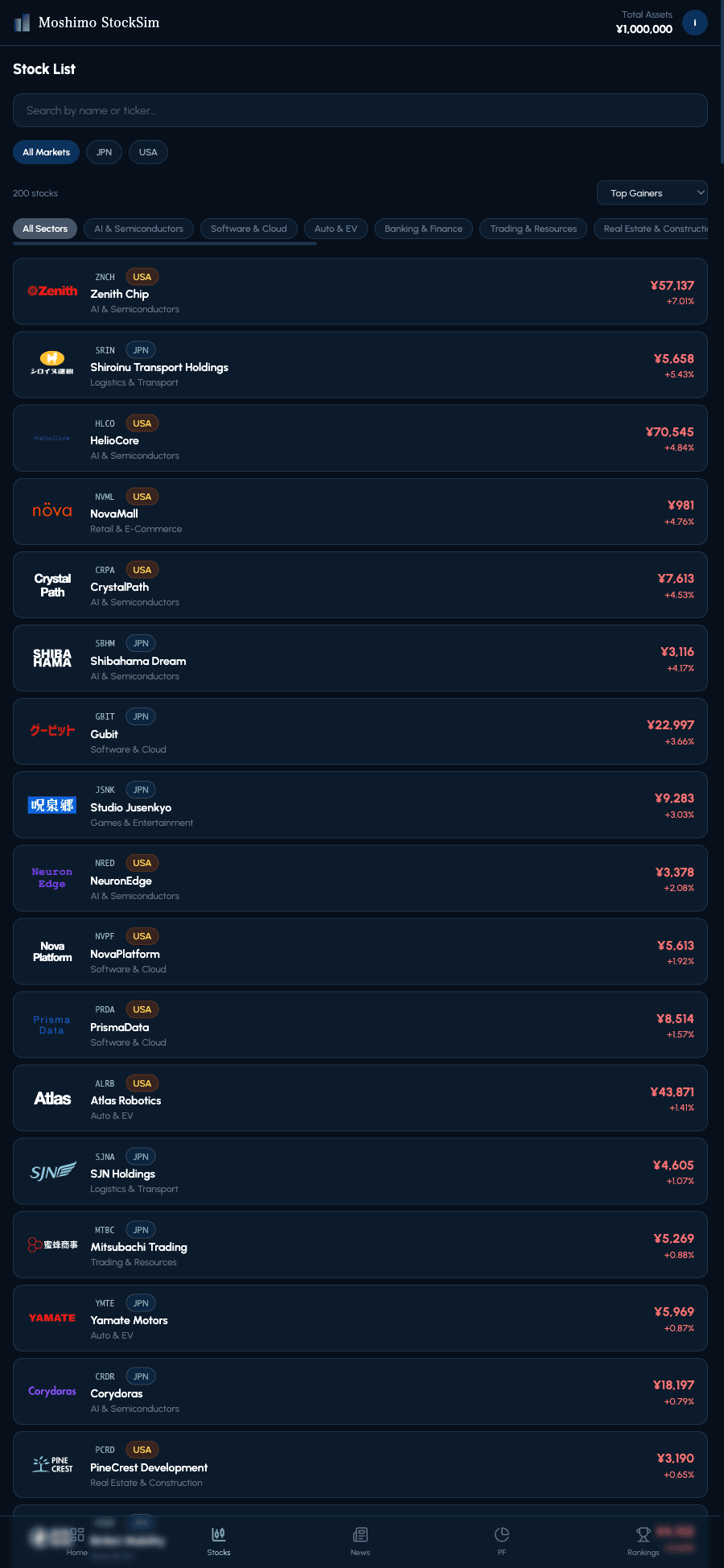 Moshimo StockSim stock list screen