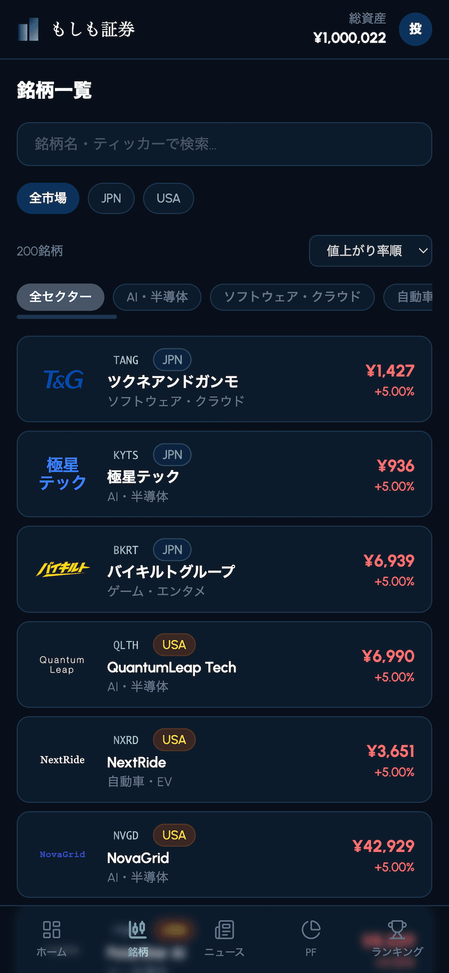 もしも証券の銘柄一覧画面